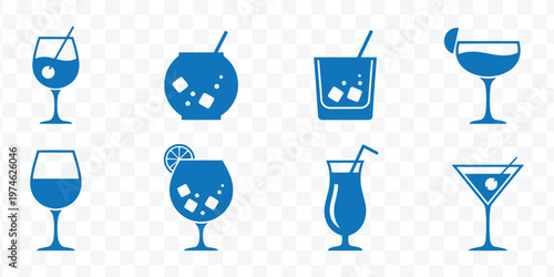 Refreshing Cocktail and Drink Glass Icons Set. Flat Blue Vector Illustrations for Bar Menus, Parties, and UI UX Design