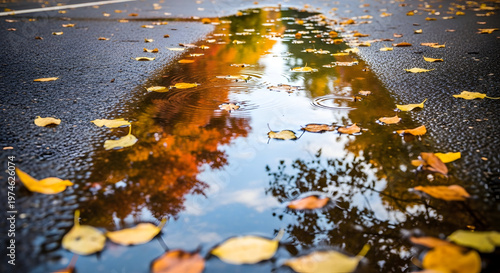 Autumn leaves floating on a wet road with puddles reflecting trees and sky on a rainy day in fall season