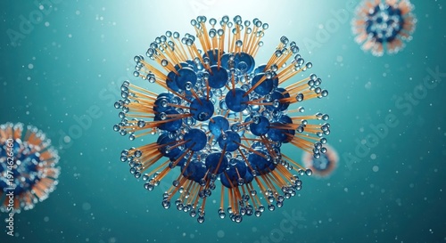 Microscopic virus or bacteria cell, expertly rendered, showcases innovative molecular structure within a fluid environment