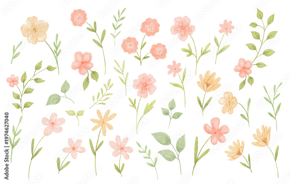 Fototapeta premium Cute watercolour spring flowers, hand drawn abstract plants, natute elements for kids, floral isolated illustrations set