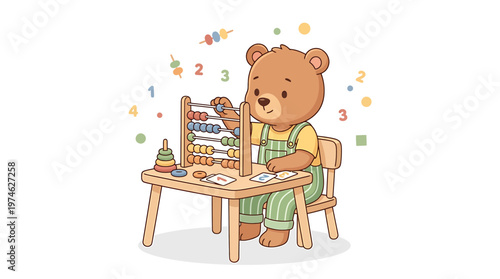 Cute bear cub learning math with abacus and number cards on a wooden table