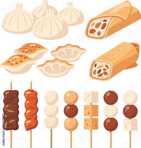 Asian Food Set – Dumpling Dim Sum Spring Roll Flat Vector Illustration