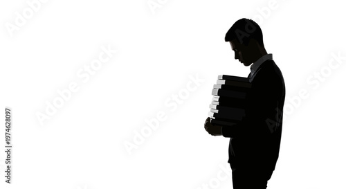 Silhouette of a student carrying a heavy stack of books, isolated on white background