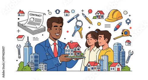 Real estate agent showing house model to couple.