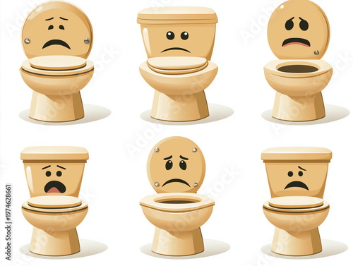 Cartoon toilets featuring variety of sad expressions