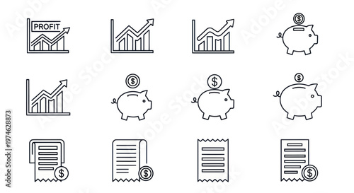 Set of financial business icons featuring growth graphs piggy banks and receipts