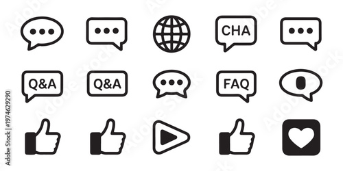Minimalist communication icons including speech bubbles and hand gestures for digital interface design kits.