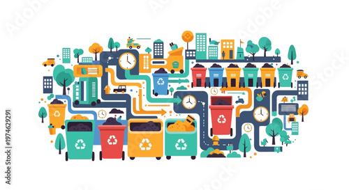 Recycling Process Illustration with Colorful Bins and Cityscape Elements.