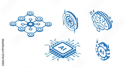 Collection of isometric artificial intelligence and technology concept icons.