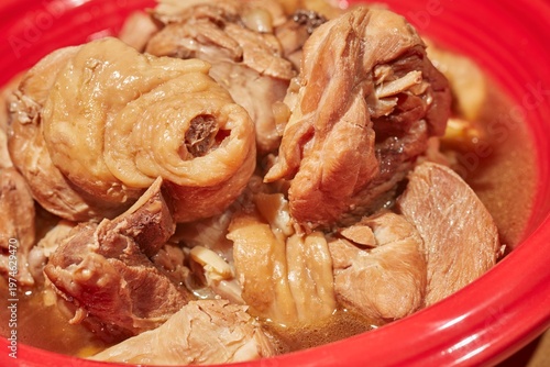 A bowl of three cups chicken, a popular dish in Chinese home cooking