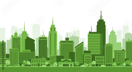 Green urban skyline illustration with modern skyscrapers and trees