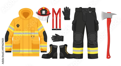 Firefighter Uniform and Equipment Set with Axe and Helmet