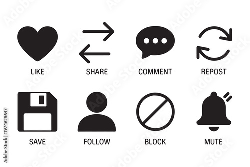 Social media icons set featuring heart share comment repost save follow block and mute symbols on white flat.