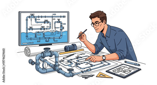 Engineer designing water pipeline system with technical blueprints and tools
