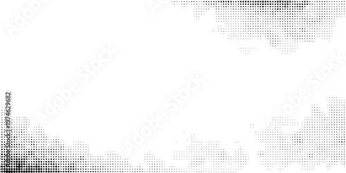 Grunge halftone gradient background. Faded grit noise texture. White and black sand wallpaper. Retro pixelated backdrop. Anime or manga style comic overlay. Vector graphic design textured template