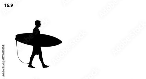 Silhouette of a surfer walking with surfboard on white background