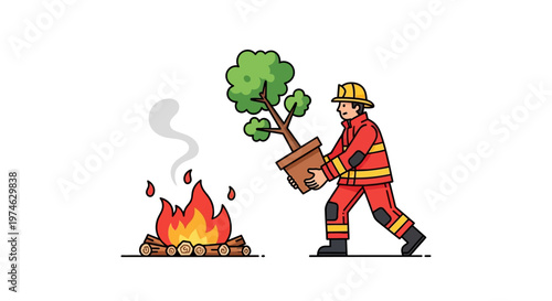 Firefighter extinguishing fire with potted plant in cartoon style