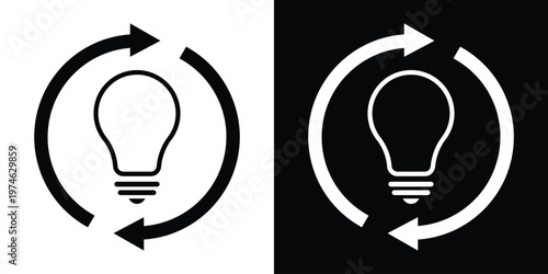 Modern lightbulb icon enclosed in circular arrows, symbolizing creative thinking, continuous innovation, brainstorming process, renewable ideas, and the lifecycle of a business concept.