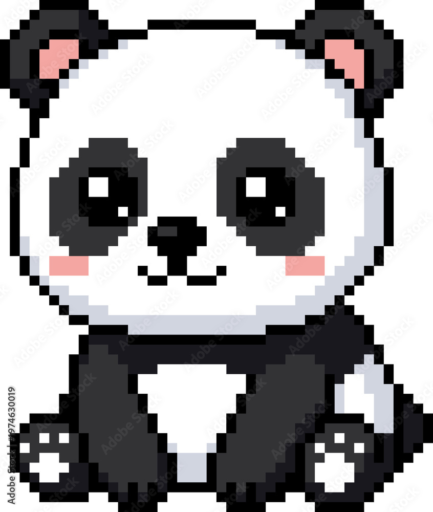 Fototapeta premium Cute pixel art panda sitting isolated white background character graphic
