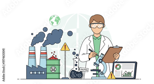Scientist analyzing environmental impact with industrial pollution background