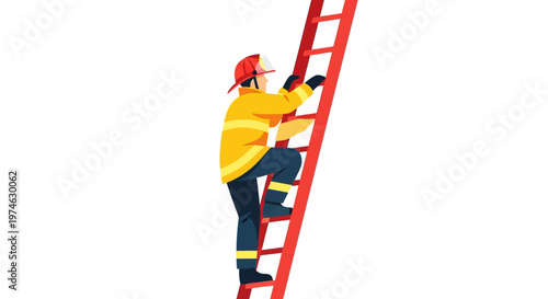 Firefighter climbing red ladder in safety gear on white background