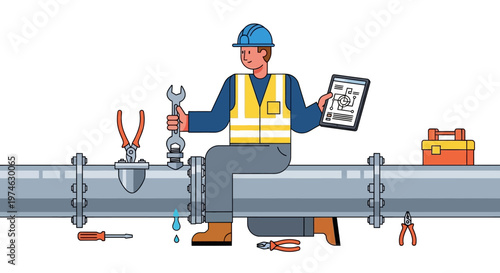 Engineer inspecting pipeline with tools and digital tablet