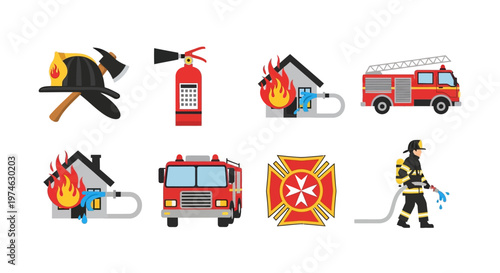 Firefighting equipment and symbols set in flat vector style