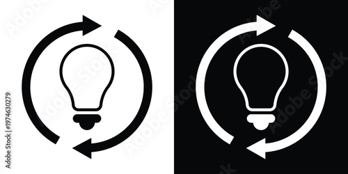 Modern lightbulb icon enclosed in circular arrows, symbolizing creative thinking, continuous innovation, brainstorming process, renewable ideas, and the lifecycle of a business concept.