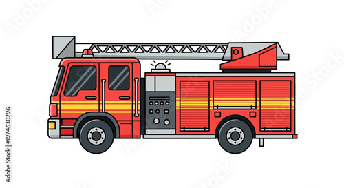 Illustration of a red fire truck with ladder on white background