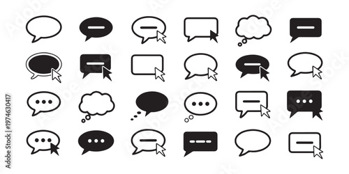 Interactive speech bubble icons with mouse cursor arrows for clicking and selecting online chat functionalities.