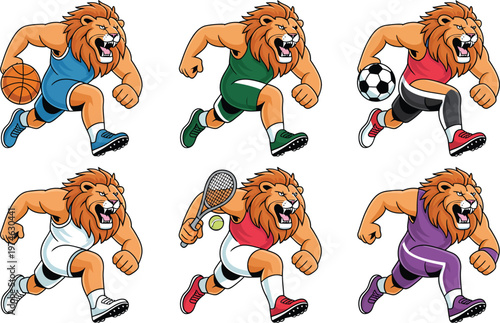 Anthropomorphic lions as athletes in action poses, wearing sports uniforms and holding equipment, representing basketball, soccer, tennis, and running.