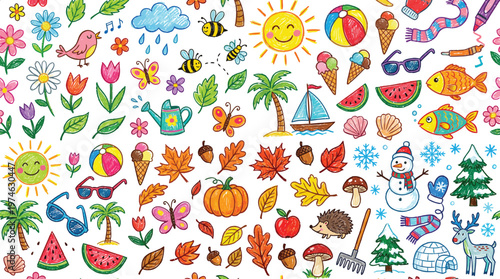 A colorful illustration featuring various cartoon objects and characters representing different seasons and holidays Ai, eps, jpg, transparent background, png