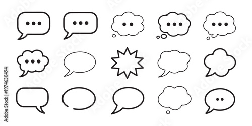 Set of minimalist outline speech bubbles with ellipses representing ongoing conversation or typing.