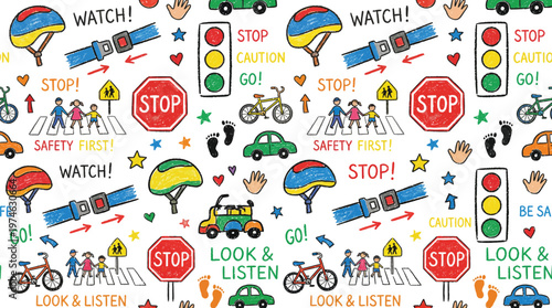 A colorful pattern of safety signs and symbols for kids, including stop signs, traffic lights, and caution warnings. Ai, eps, jpg, transparent background, png