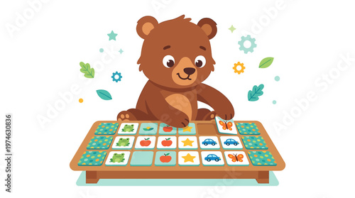 Cute bear playing a matching game with animal and object cards, learning game