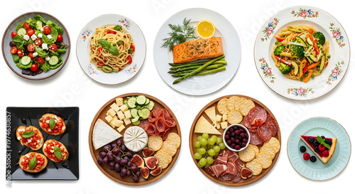 A diverse culinary collection of freshly prepared gourmet dishes vibrant salads, savory mains, elegant appetizers, and a tempting dessert, ideal for any meal