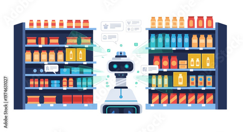 Robot in a supermarket aisle.