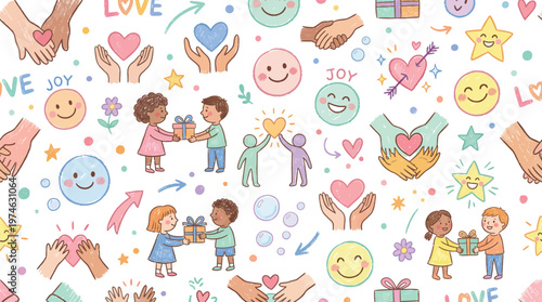 A colorful illustration of children and hands exchanging gifts and showing love and kindness with hearts and stars Ai, eps, jpg, transparent background, png