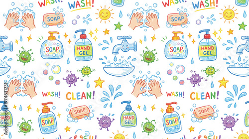 A colorful illustration of hand hygiene with soap, hand gel, and water droplets on a white background Ai, eps, jpg, transparent background, png