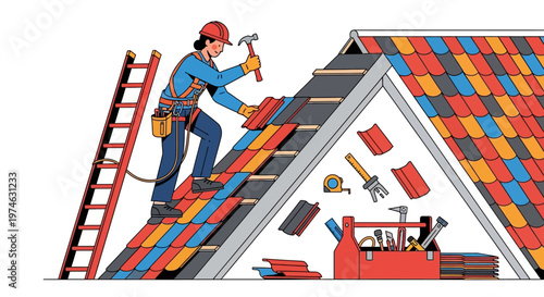 Roofer Installing Colorful Tiles on a Steep Roof.