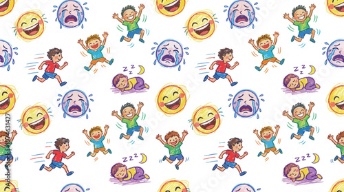 A colorful illustration of children expressing various emotions with emojis on a white background Ai, eps, jpg, transparent background, png