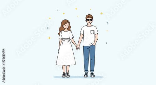 Cute illustration of a young couple holding hands wearing casual summer clothes under a sky with golden and blue stars.