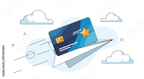 Financial services and fast payment concept featuring a blue credit card flying on top of a white paper airplane with clouds.