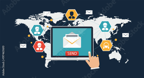 Global communication and email marketing concept showing a laptop with an open envelope over a world map and user icons.