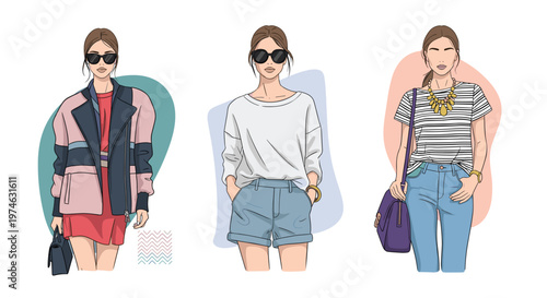 Modern fashion illustration showing three women posing in stylish outfits including a jacket, shorts, and striped top with jeans.