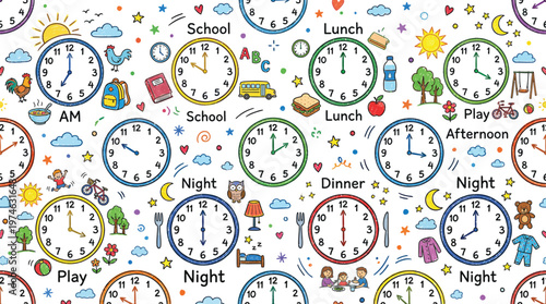 A colorful illustration of clocks and various objects representing daily activities for kids Ai, eps, jpg, transparent background, png
