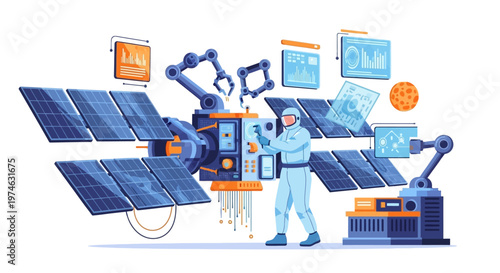 Satellite Assembly and Maintenance by Astronaut in Space Station.