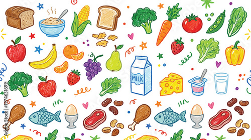 A colorful illustration of various healthy food items and drinks on a white background Ai, eps, jpg, transparent background, png