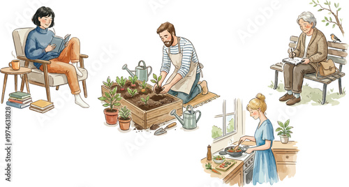 A serene illustration of people enjoying gardening and relaxing in a peaceful outdoor setting with nature Ai, eps, jpg, transparent background, png
