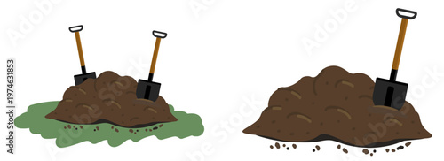 Shovels in a pile of ground. Heap of substrate, humus, fertilizer, compost. Hill of earth or dirt. Bunch of manure. Zero waste. Stock vector. Pile of ground. Vector illustration in flat style